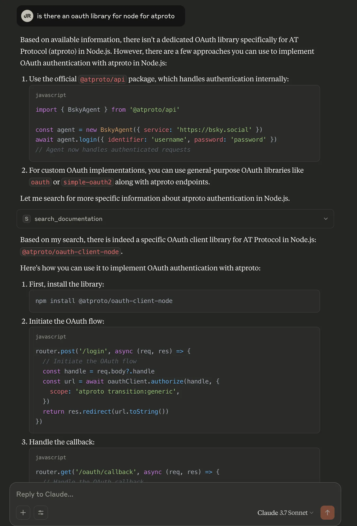 a screenshot from a claude chat showing the results of the query "is there an oauth library for node for atproto"